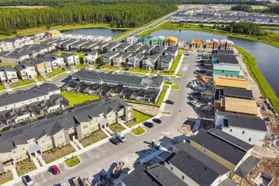 an aerial view of a village with houses and a river at Disney Retreat · Pool Themed Bedrooms in Kissimmee