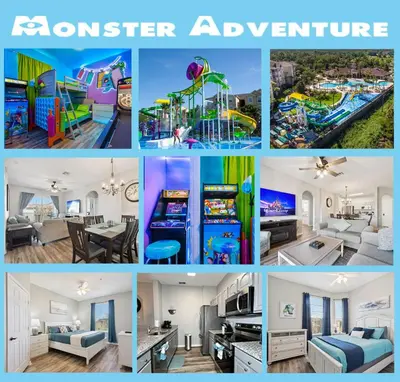 a collage of photos of a house at 3BR Windsor Hills Condo Water Park and Skeeball Near Disney No Resort Fees in Orlando