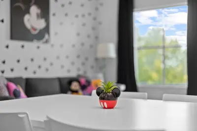 a potted plant sitting on top of a white table at 2 Queen Beds Theme Park in Orlando