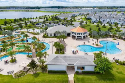 an aerial view of the water park at the resort at Lake View Condo Near Disney in Kissimmee