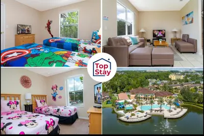 a collage of four pictures of a hotel room at Central House Near Disney in Orlando