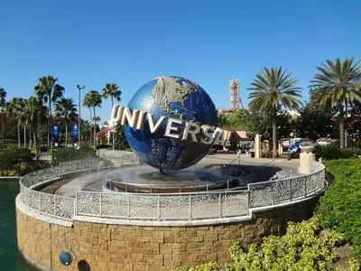 a large globe in a fountain in a park at A house near Disney and Universal - mikeyfl-1 in Kissimmee