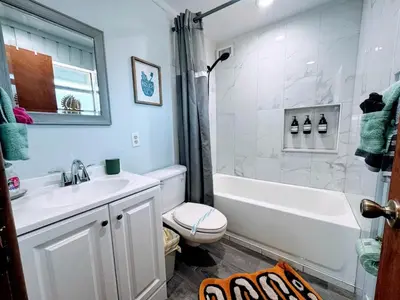a bathroom with a sink and a toilet and a shower at Pumba's Place - Fun, Lake, Pool- No Cleaning Fees! in Clermont