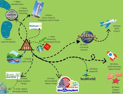 a map of the united kingdom with food and attractions at Pumba's Place - Fun, Lake, Pool- No Cleaning Fees! in Clermont