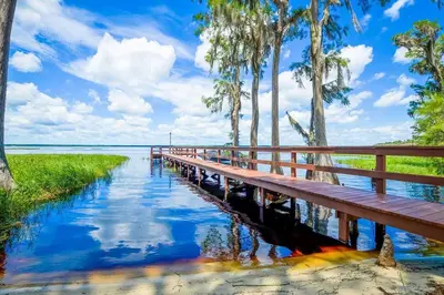 a wooden bridge over a body of water at Stay The Enchanted Escape ! in Clermont