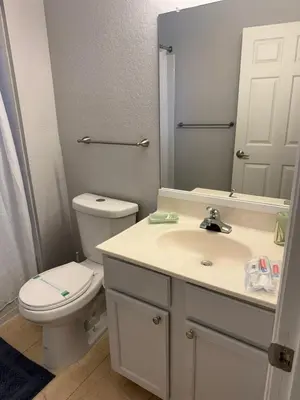 a bathroom with a toilet and a sink and a mirror at Luxury house in Disney in Kissimmee