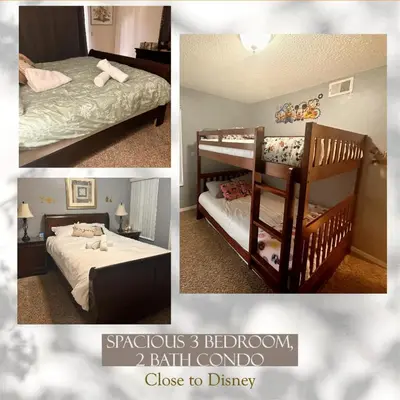 a collage of pictures of a bedroom with two bunk beds at Disney Magic Condo 1st Flr 3BR Disney-Themed Pool in Kissimmee