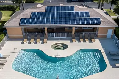 a house with a swimming pool with solar panels on it at Casa 4Q Hidden Forest c/ Piscina in Orlando