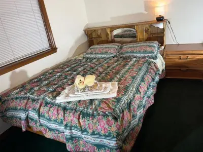 a bed with a dog on a magazine on it at Red brick house in Kissimmee