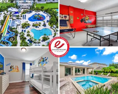a collage of pictures of a water park at Spacious Fun Retreat With Private Pool And Game Room Near Disney And Waterpark & Resort Access At Encore Resorts Reunion - 7659Wi in Orlando