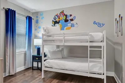 a white bunk bed in a childs bedroom at Spacious Fun Retreat With Private Pool And Game Room Near Disney And Waterpark & Resort Access At Encore Resorts Reunion - 7659Wi in Orlando