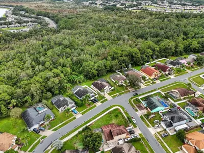 an aerial view of a residential neighborhood with a road at 15 Mins Disneyworld Private Pool & Game Room in Kissimmee