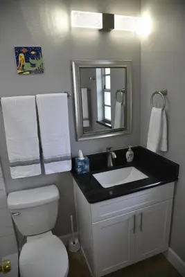 a bathroom with a toilet and a sink and a mirror at Perfecto Mundo 2, Orlando Area 4BR-2B-Outdoor Pool-Jacuzzi-Billiard in Orlando