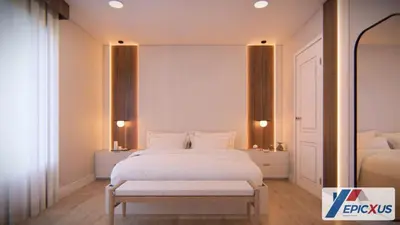 a bedroom with a large white bed and a bench at The Epic San Francisco Vista Cay Orlando Florida in Orlando