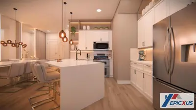 a kitchen with white cabinets and a refrigerator at The Epic San Jose Paradiso Grande Orlando Florida in Orlando