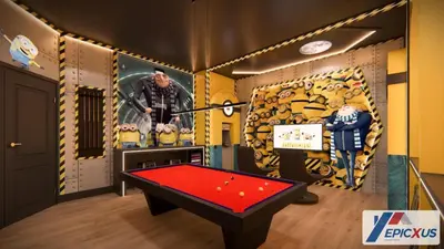 a room with a red pool table in front of a wall at The Epic San Jose Paradiso Grande Orlando Florida in Orlando