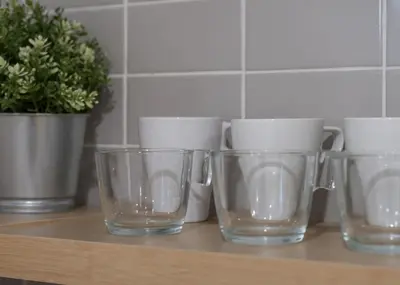 a row of glasses on a counter with a potted plant at CUTE and COZY studio w jacuzzi in Orlando