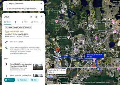 a screenshot of a google maps page with a map at Park Hopper Paradise At Regal Oaks in Orlando