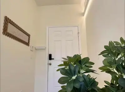 a hallway with a white door and potted plants at Family Home 20 min Disney 4BR Heated Pool BBQ in Kissimmee