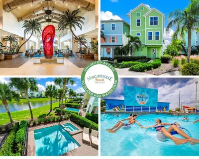 a collage of photos of a pool at a resort at The Lime Life Cottage Near Disney With Margaritaville Resort And Island H20 Waterpark Access - 8056Sh in Orlando