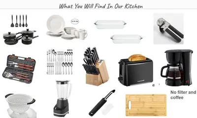 a collage of kitchen items including a coffee maker and utensils at Riviere 3BR Apartment Stylish King Family Pets Friendly Pool & Gym Near Epic Universe in Orlando