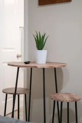 a table with two stools and a potted plant on it at Comfy studio in Central Orlando in Orlando