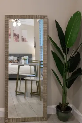 a mirror in a room with a table and a plant at Private Studio near parks and Downtown in Orlando