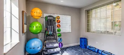 a room with a room with a snowboard and balls at Landing Chic 1BD Gym in Orlando