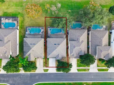 an aerial view of a house with roofs at Arcade and Pool Villa, 4 km to Disney in Orlando