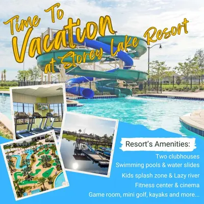 a collage of photos of a water park at 5BR/5BA Home & Storey Lake Water Park Amenities in Kissimmee