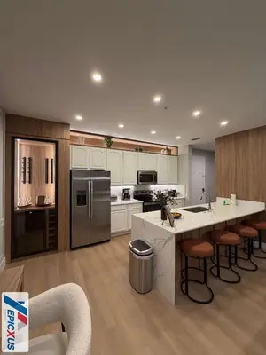 a kitchen with a large island with bar stools at The Epic 11 Vista Cay Resort Orlando Florida in Orlando