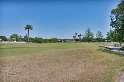 a view of a golf course with palm trees at Condo with Pool, Gym, Golf, Jacuzzi and Game Areas in Orlando
