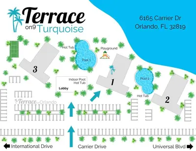 a map of the terrace on turquoiseoke at Fireworks View Studio Condo with Terrace and Kitchenette in Orlando