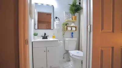 a bathroom with a toilet and a sink and a mirror at Quiet Boho Suite near Orlando attractions in Orlando