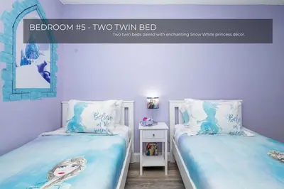 a bedroom with two twin beds and a sign that reads bedroom two twin bed at 5BRDisney Villa Pool,Game Room & Resort Access in Kissimmee