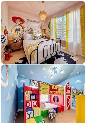 two pictures of a childs bedroom and a play room at The Roundup Retreat! in Orlando