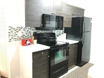 a kitchen with a black stove and a microwave at 10 minutes to all Disney park for vacation in Kissimmee