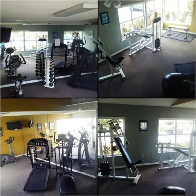 three pictures of a gym with exercise equipment in it at 10min to Disney parks new condo free wifi & pool in Kissimmee