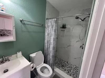 a bathroom with a shower and a toilet and a sink at Private Guesthouse in Orlando