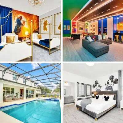 a collage of four pictures of a hotel room at Luxurious 15-Bedroom Villa With Pool & Games Room in Kissimmee