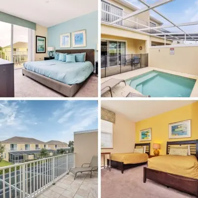 a collage of pictures of a bedroom and a pool at Ev1445 - The Palm Retreat in Orlando