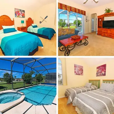 four pictures of a hotel room with a swimming pool at Ev1915 - Sunset Glen Villa in Orlando