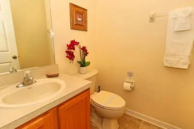 a bathroom with a sink and a toilet with red flowers at Ev1915 - Sunset Glen Villa in Orlando