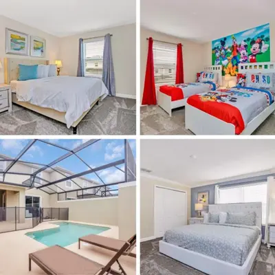 four different pictures of a bedroom and a pool at Ev2861 - Sunshine Grove Villa in Kissimmee