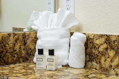 a bathroom counter with two bottles of soap and a towel at 8952 Private pool 4bd townhome in Kissimmee