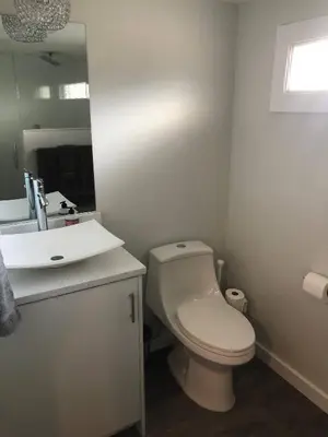 a bathroom with a white toilet and a sink at Charming Lakefront Cottage Near Disney in Orlando