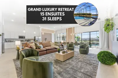 a large living room with a couch and chairs at Paradiso’s Luxurious New Home w 15 Ensuites in Orlando