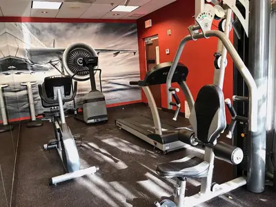 a gym with cardio equipment and a painting on the wall at Ramada by Wyndham Suites Orlando Airport- Free Airport Shuttle in Orlando