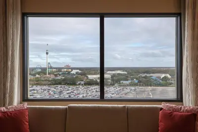 a view of a parking lot from a window at Renaissance Orlando at SeaWorld® in Orlando