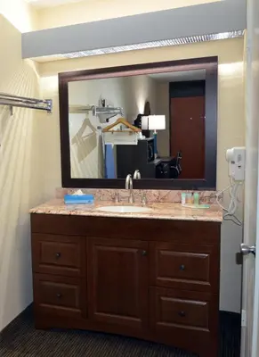 a bathroom with a sink and a large mirror at Days Inn & Suites by Wyndham Orlando Airport in Orlando